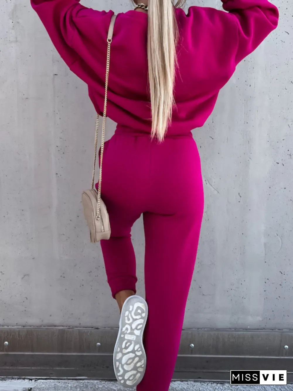 Plain O-Neck Casual Long-Sleeved Sweatshirt Two-Piece Suit