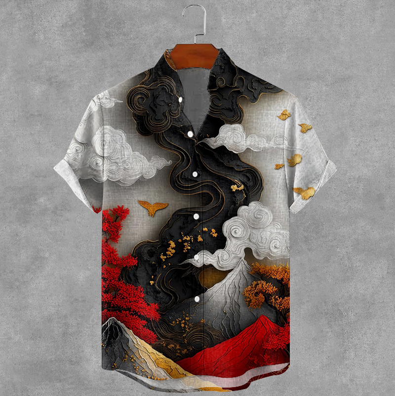Men's Japanese Art Cloud Printed Linen Blend Cozy Shirt