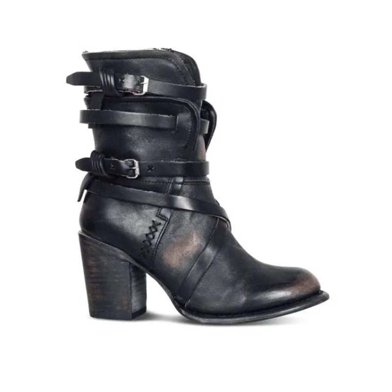 Qengg Punk Gothic Style Buckle Strap Round Toe Boots Women Shoes Zipper Boots Street haulage motor mujer zapatos fg45