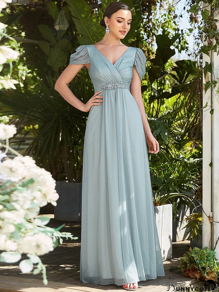 A Line Deep V Neck Puff Sleeves Pretty Wholesale Bridesmaid Dresses