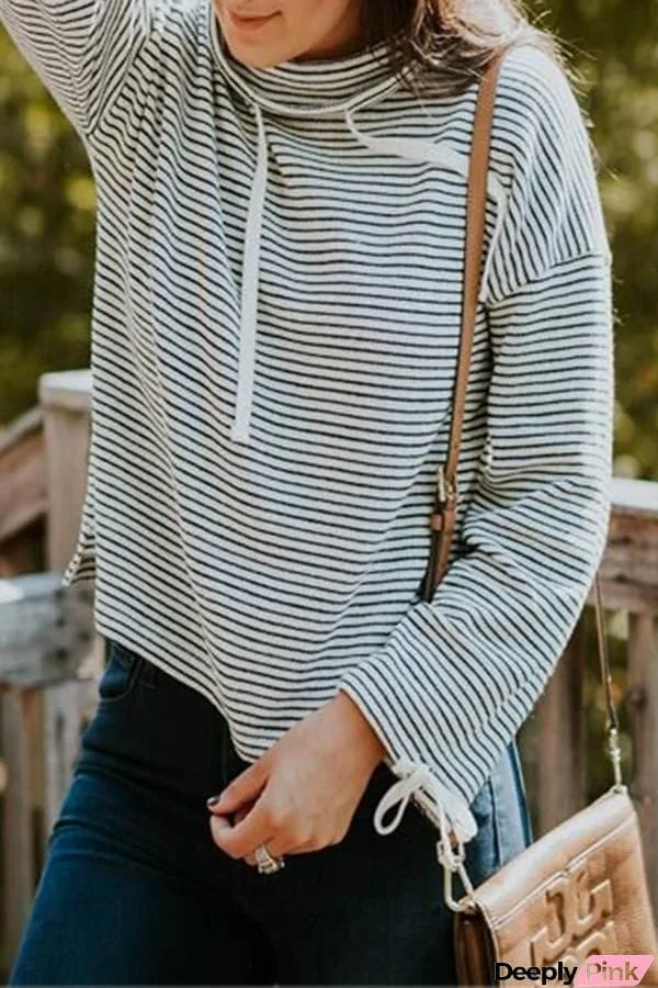 Turtle Neck Striped Drawstring Sweatshirt