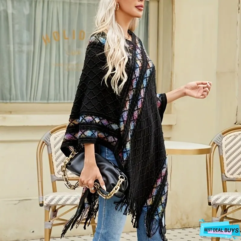 Pullover Woven Shawl Large Warm Fringed Shawl Wrap Windproof Shawl Cape For Casual Outdoor