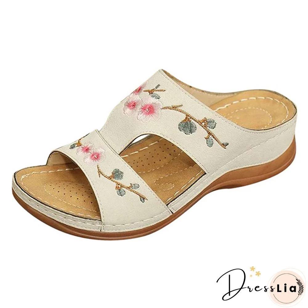 Woman Slippers Vintage Ethnic Flower Platform Flat Shoes Women Comfortable Casual Sandals