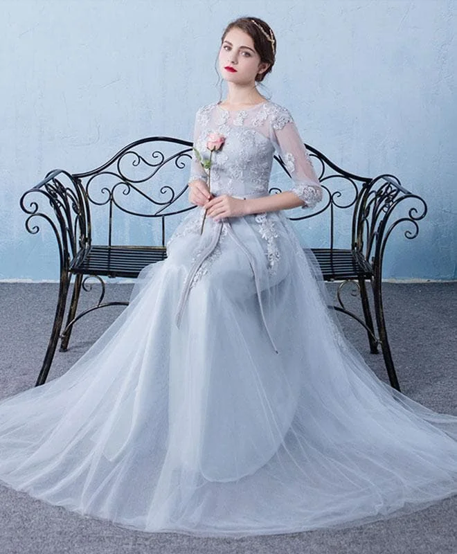 Gray Round Neck Tulle Lace Long Prom Dress, Gray Bridesmaid Dress