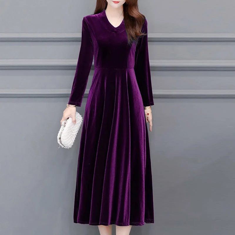 Ordifree 2021 Autumn Vintage Women Midi Party Dress Long Sleeve Burgundy Black Velvet Dress Plus Size 3XL 4XL 5XL 6XL