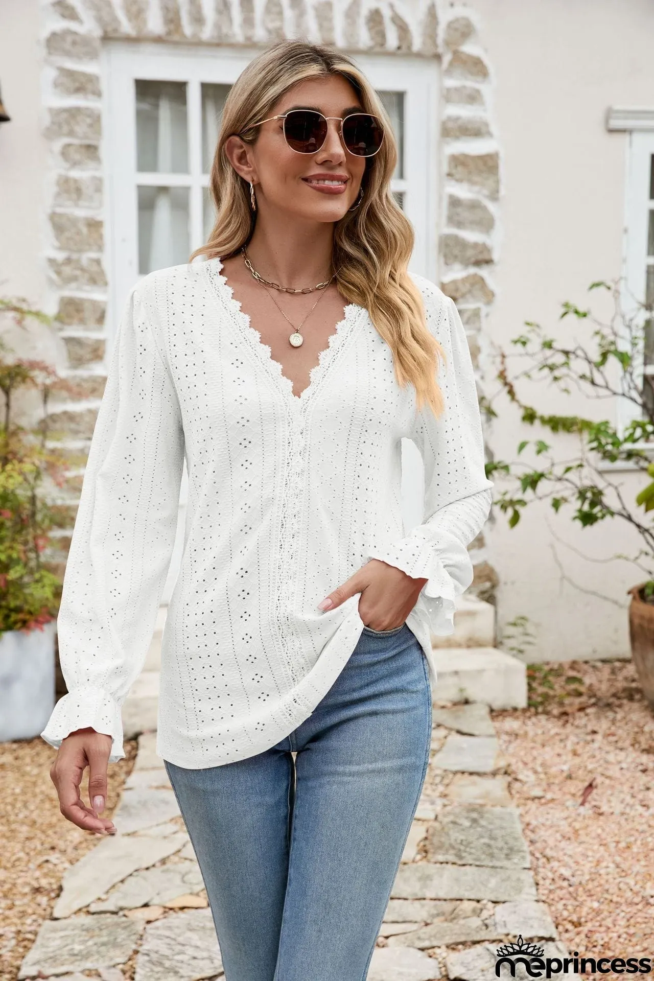Eyelet Lace Trim Flounce Sleeve Blouse