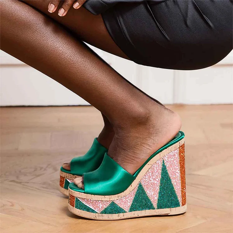 Green Satin Beaded Wedge Heel Women's Mules Shoes with Platform |FSJ Shoes