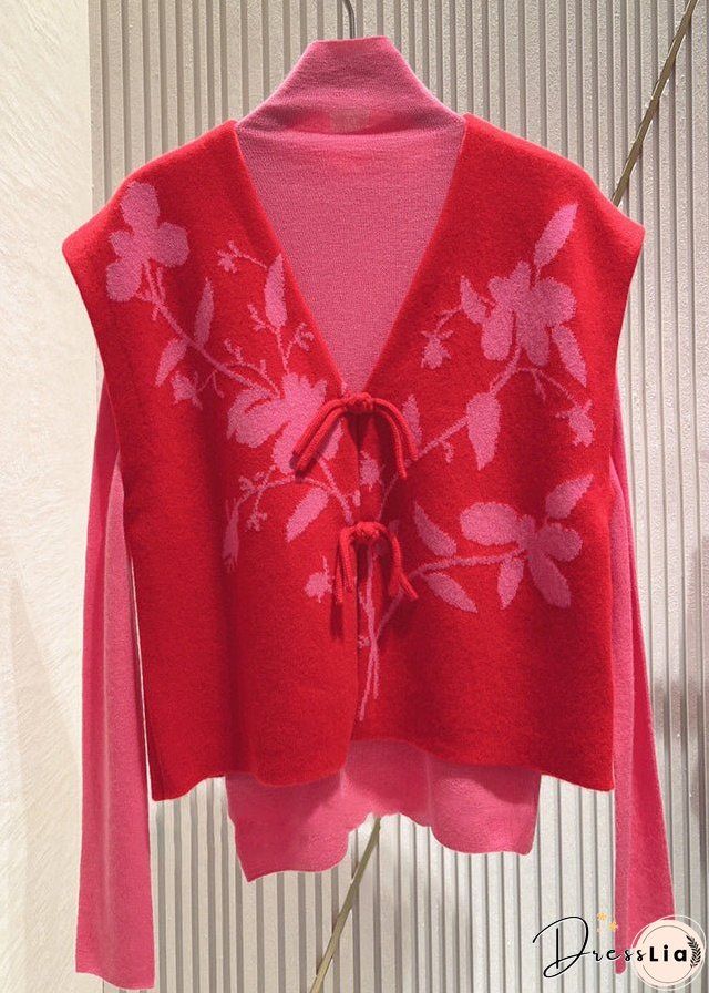 Loose Red Button Patchwork Tops And Waistcoat Knit Two Pieces Set Fall