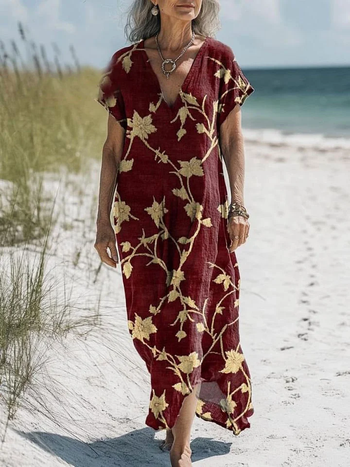 Women's Vintage Lovely Floral Art Print Pocket Cotton Dress