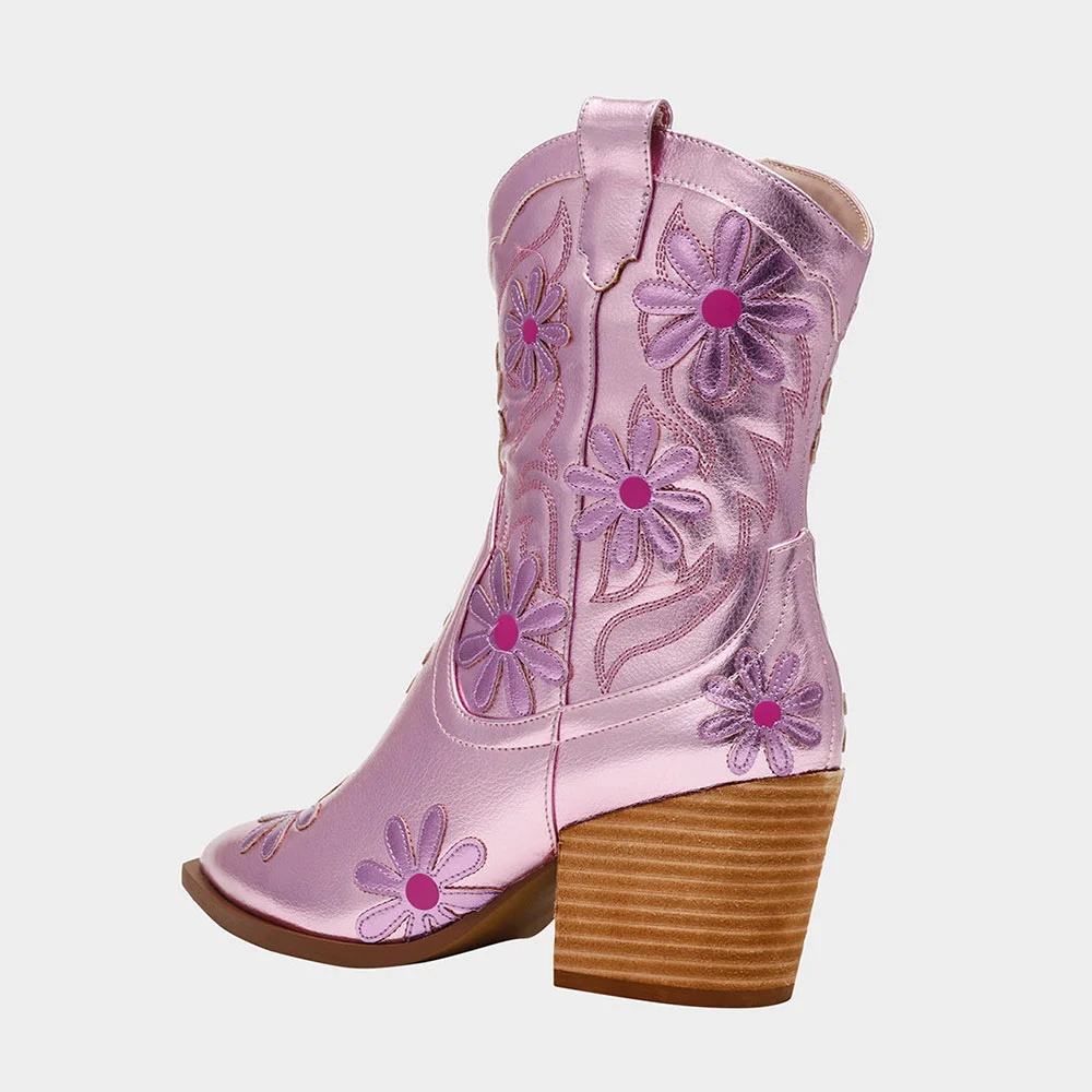 Pink Pointed Toe Chunky Heel Side Zipper Flower Cowgirl Boots