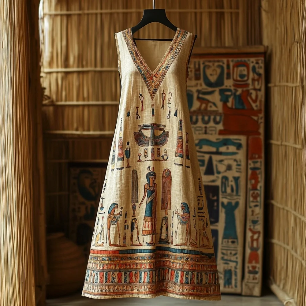 Egyptian Hieroglyphic Elements Printed Women's V-neck Vest Dress