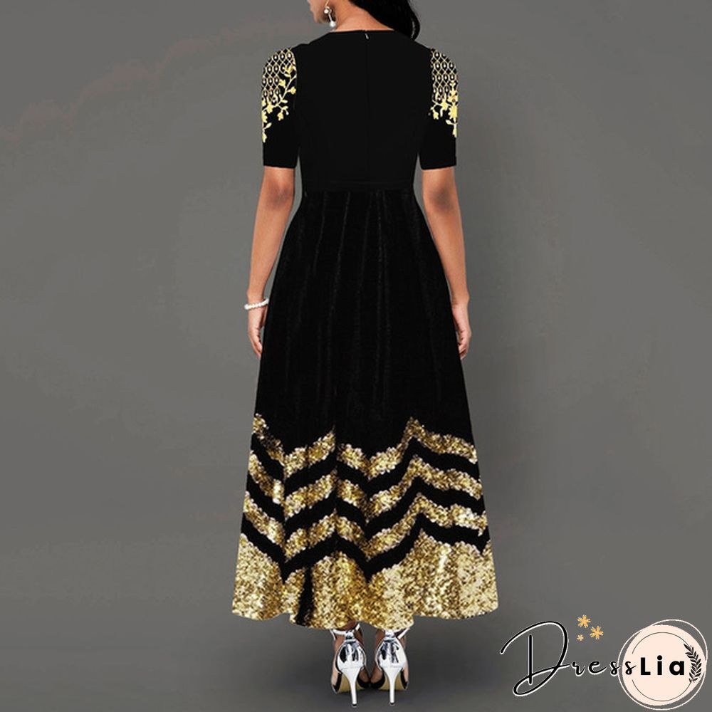 Women Button Detail Half Sleeve Floral Print Long Dress Gradient Maxi Dress