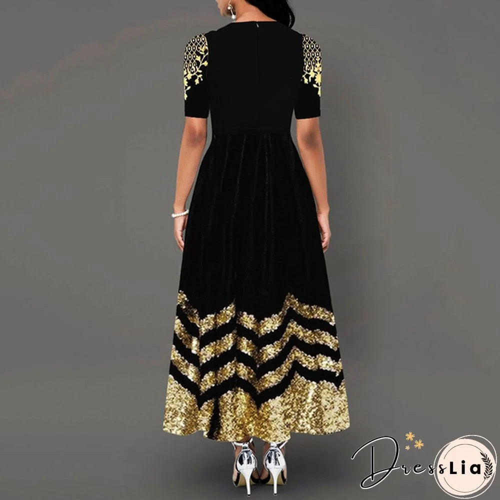 Women Button Detail Half Sleeve Floral Print Long Dress Gradient Maxi Dress