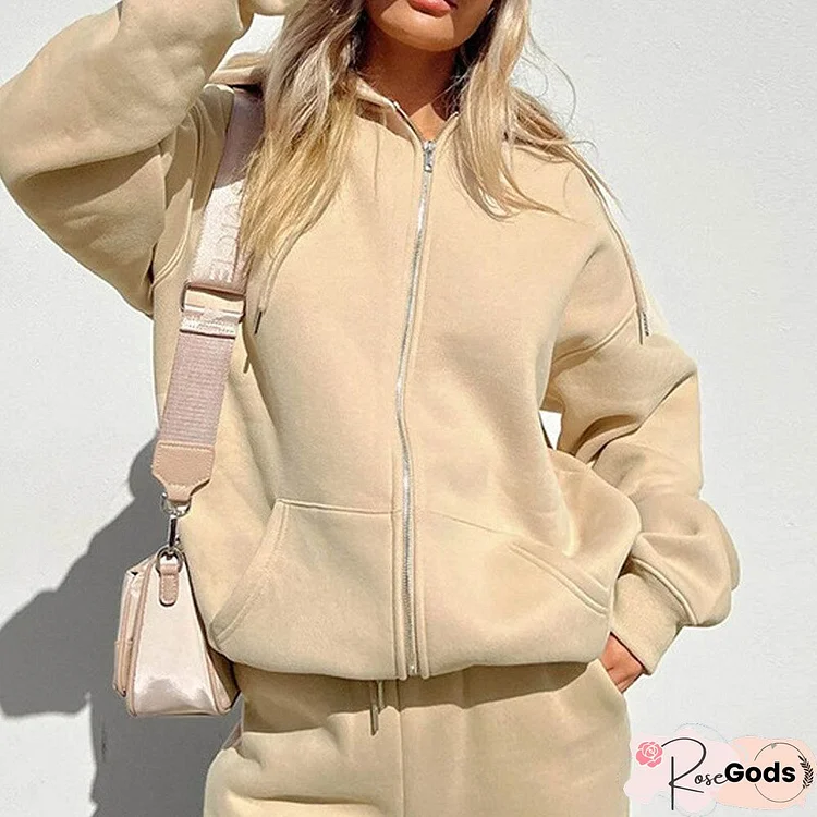 Ladies Casual Solid Color Loose 2 Piece Set Fashion Long Sleeve Zipper Hooded Sweatshirt and Straight Wide Leg Pants Women Suit