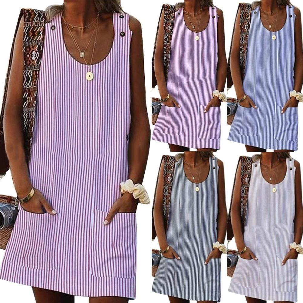 5XL Mini Summer Dress Women Summer Plus Size Striped Loose Sleeveless Mini Dress with Pockets Ladies Holiday Party Sundress