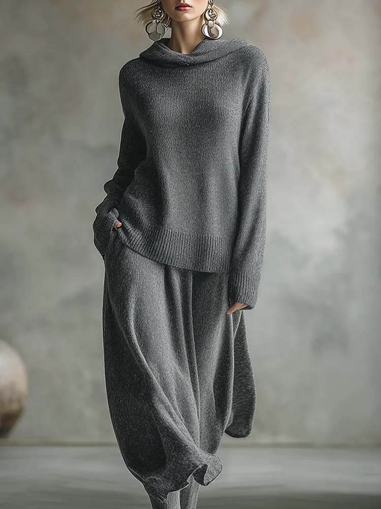 【24-hour shipping out】Elegant Minimalist Gray Hooded Sweater Skirt Set