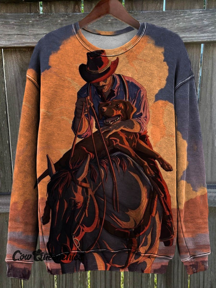 Vintage Cowboy Print Casual Sweatshirt White / S