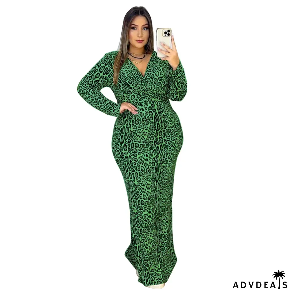 Leopard Slim Waist V Neck Long Sleeve Chic Autumn Fit Long Bodycon Dress