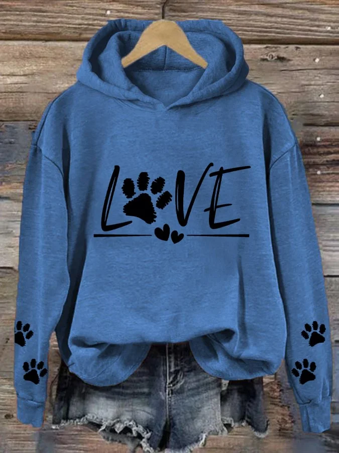 Women's Love Dog Paw Print Hooded Sweatshirt socialshop