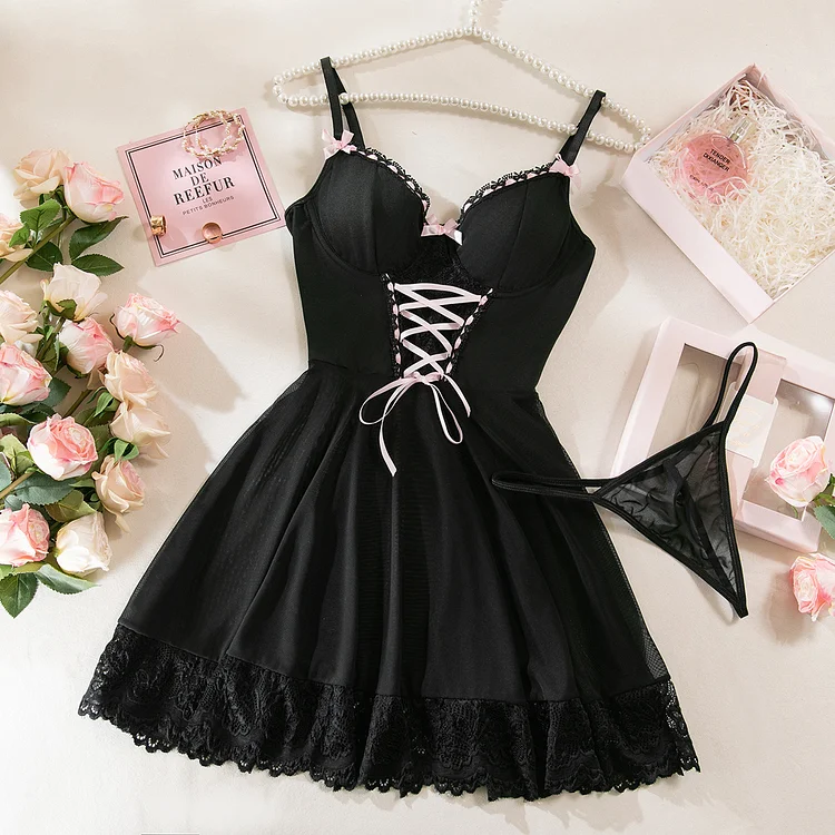 Lace Stitching Bow Ribbon Dress Nightdress Two-piece Set