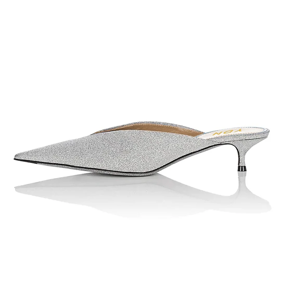 Sparkly Silver Glitter Pointed Toe Kitten Heel Mules for Women