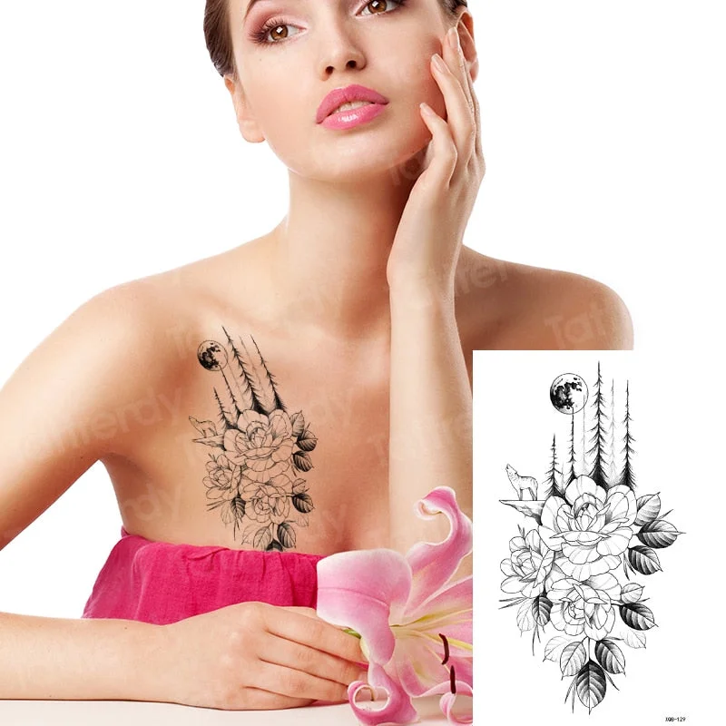 Snake Flower Rose Waterproof Temporary Tattoo Sticker Flash Tattoo Lace Fox Lion Body paint Arm Fake Sleeve Tattoo Women Mermaid