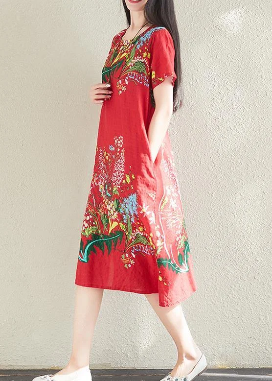 Modern print linen dresses Tunic Tops red Dress summer