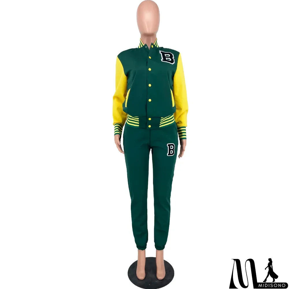 MidiSono - Women Letter Baseball Jacket and Pant Two-Piece Set