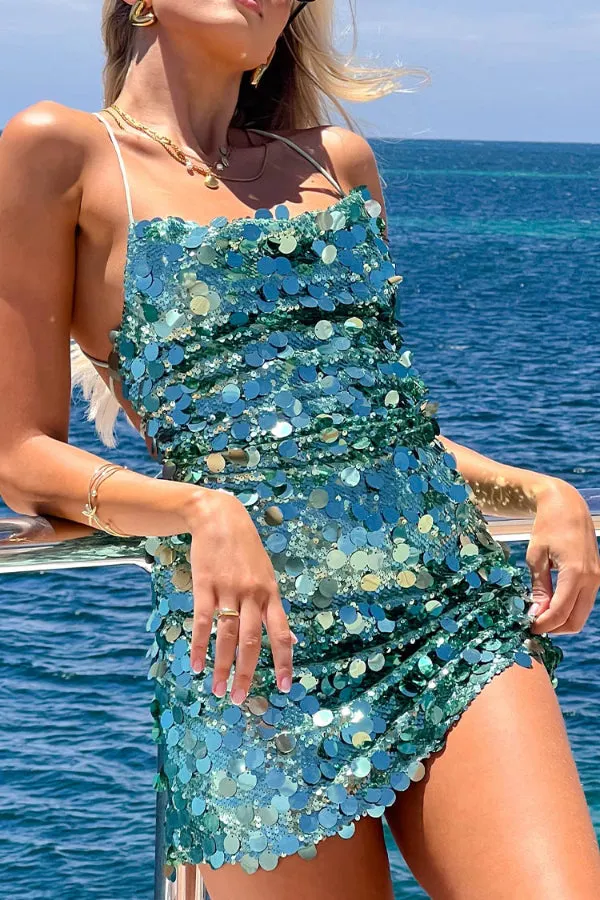 Stylish Sequined Sexy Backless Tie-waist Slim-fit Mini Dress