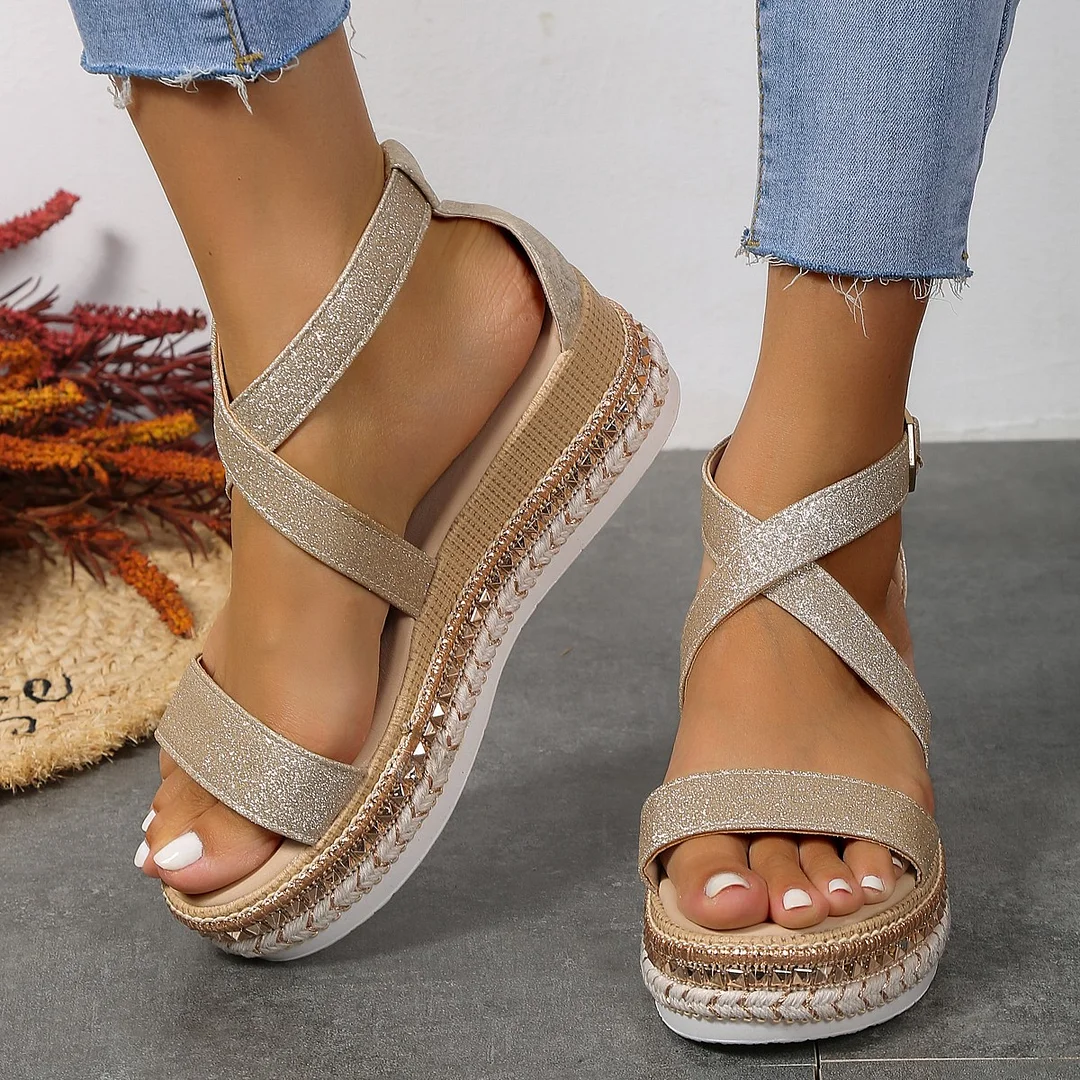 Yyvonne And Summer New Large-Size Hollow Fish Mouth Heel Sandals Women's Pine Cake Silver Bright Buckle Flat Women's Shoes