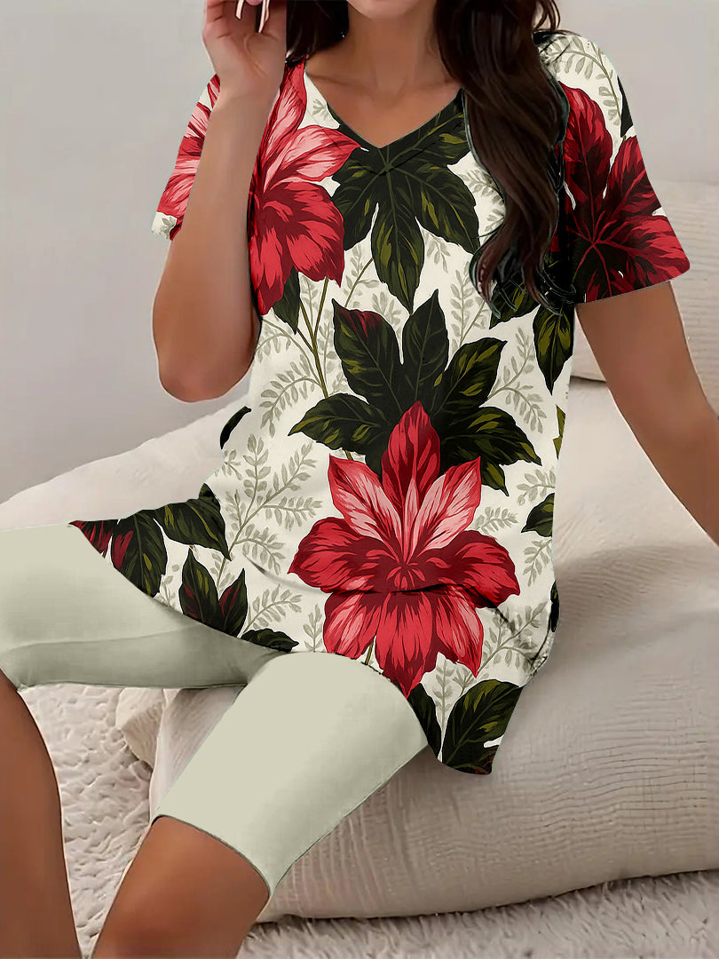 Women Long Sleeve V-neck Graphic Floral Printed Top