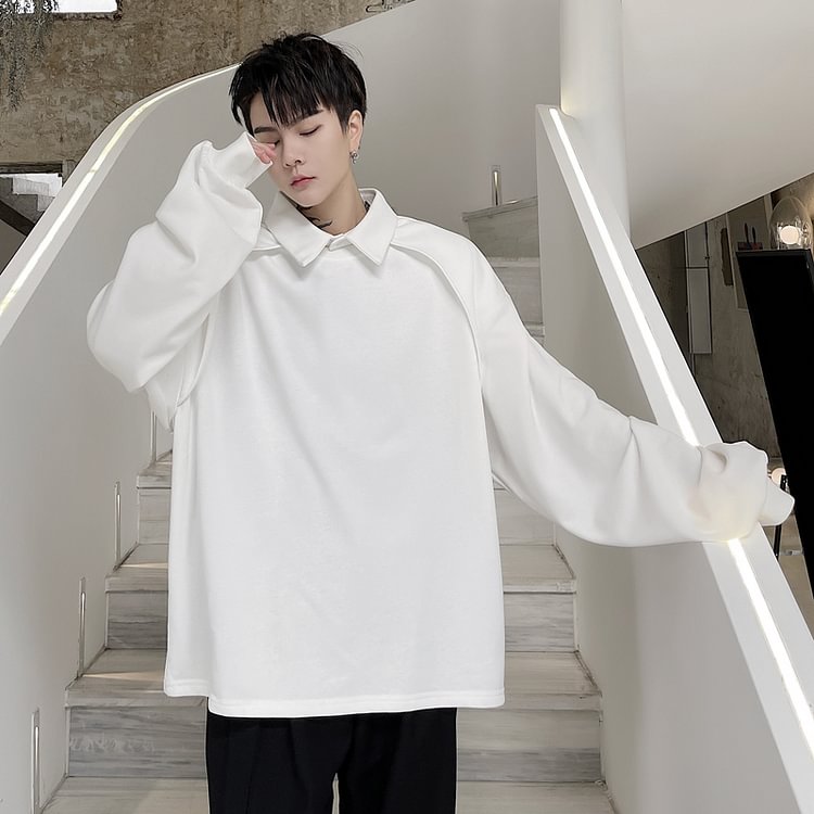 Dawfashion-Solid Color Lapel Structure Stitching Pullover Loose Long-sleeved Sweater-Yamamoto Diablo Clothing