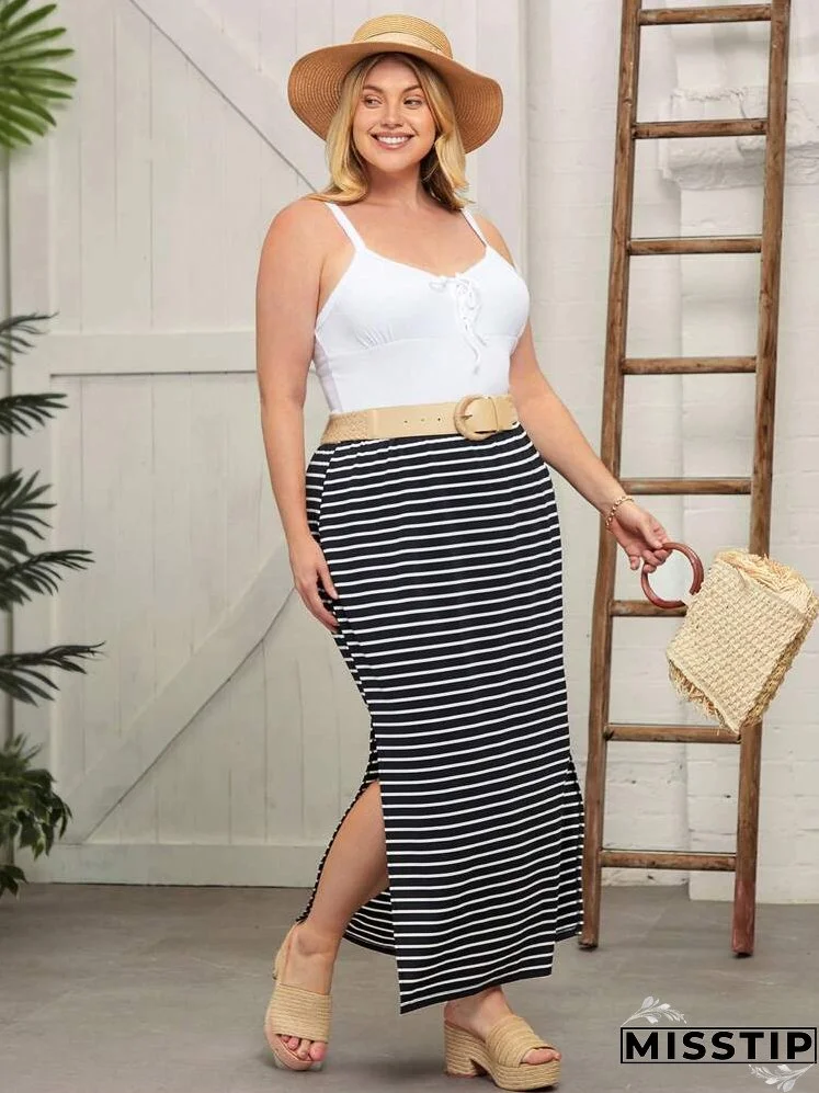 Plus Striped Split Hem Skirt Without Belt
