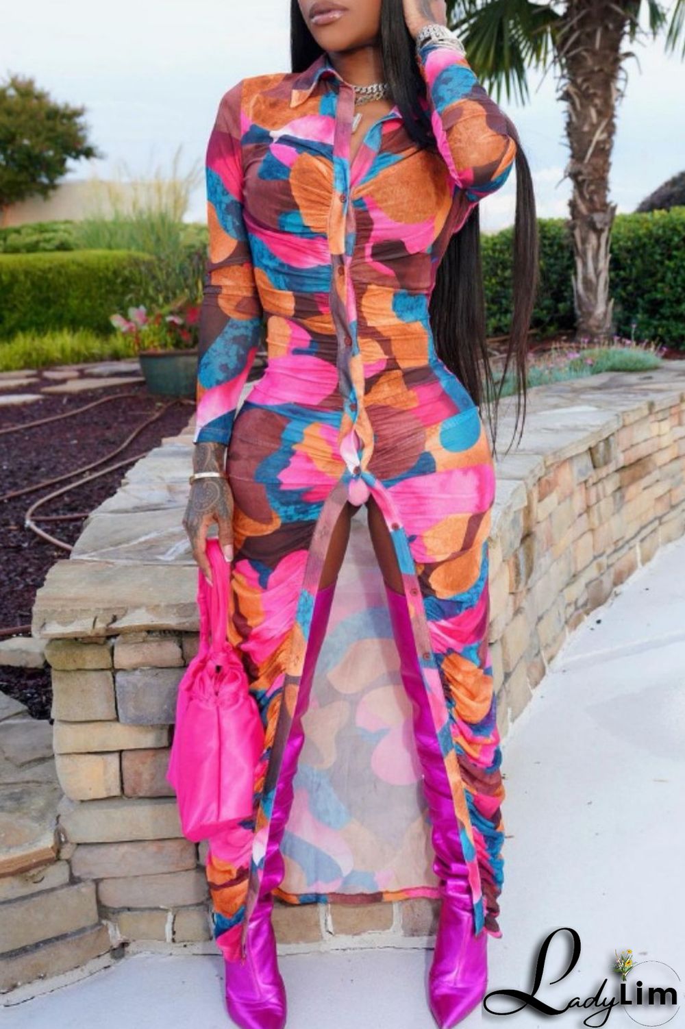 Multicolor Casual Print Fold Turndown Collar Shirt Dress Dresses