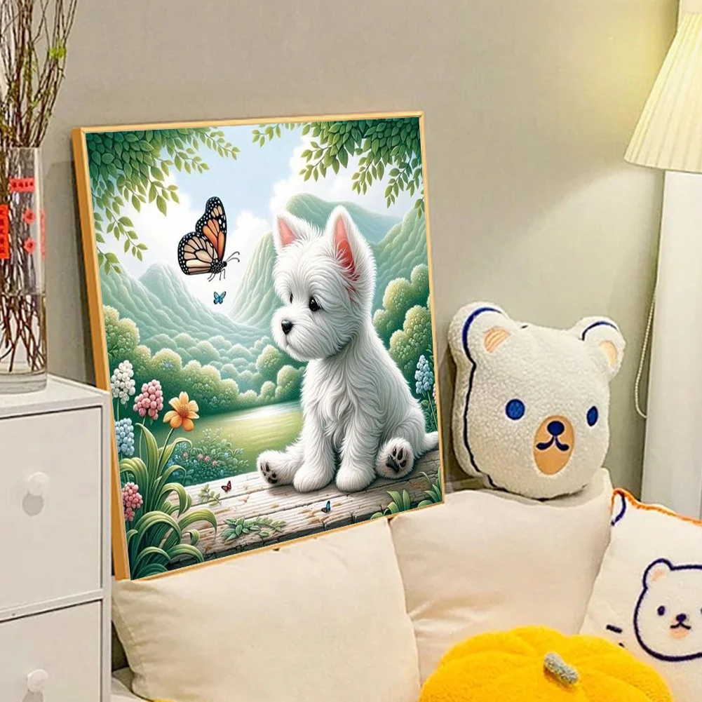 Diamond Painting - Full Round Drill - Dog Playing Butterfly(Canvas|40*40cm)