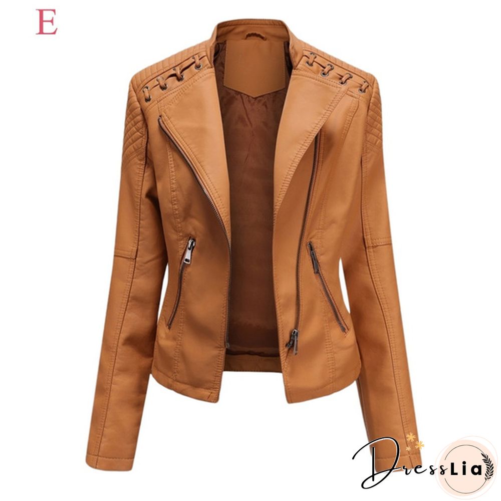 Ladies Fashion Spring and Autumn Short Slim Thin Leather Jacket Motorcycle Suit