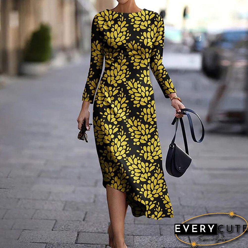 Elegant Long Sleeve O Neck Dress Women Autumn Fashion Floral Printed Asymmetric Dress Casual Slim Office Ladies Dresses New