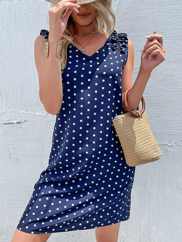 Mature Women Summer Blue Polka Dot Skirt Fashion Loose Dress