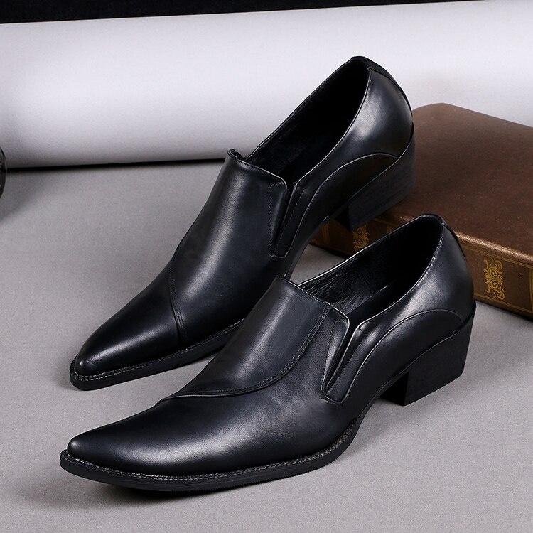 Italian Style Mens Shoes High Heels Black Oxford Shoes Male Pointed Toe Dress Loafers Leather Brogues