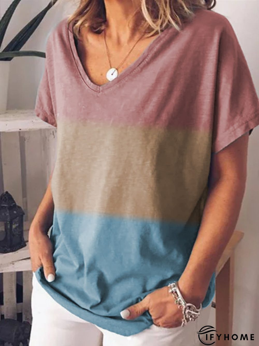 Tie Dye V-Neck Short Women Tunic T-Shirt | IFYHOME