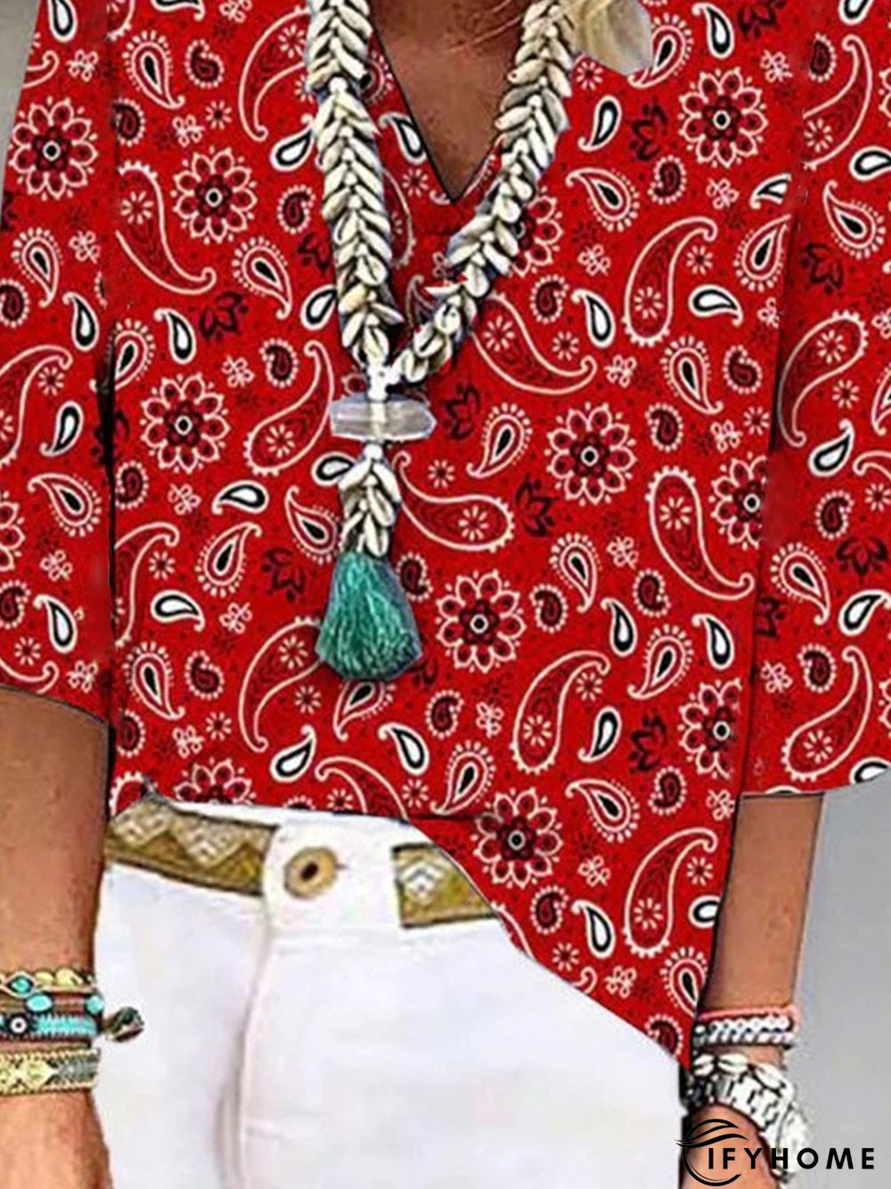 Women's Weekend Daily Casual Floral V Neck Loose Three Quarter Sleeve Top | IFYHOME