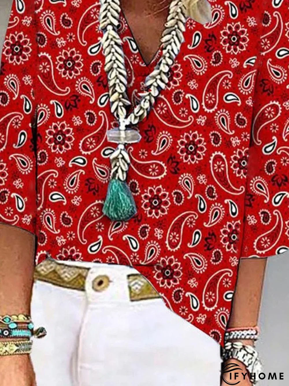 Women's Weekend Daily Casual Floral V Neck Loose Three Quarter Sleeve Top | IFYHOME