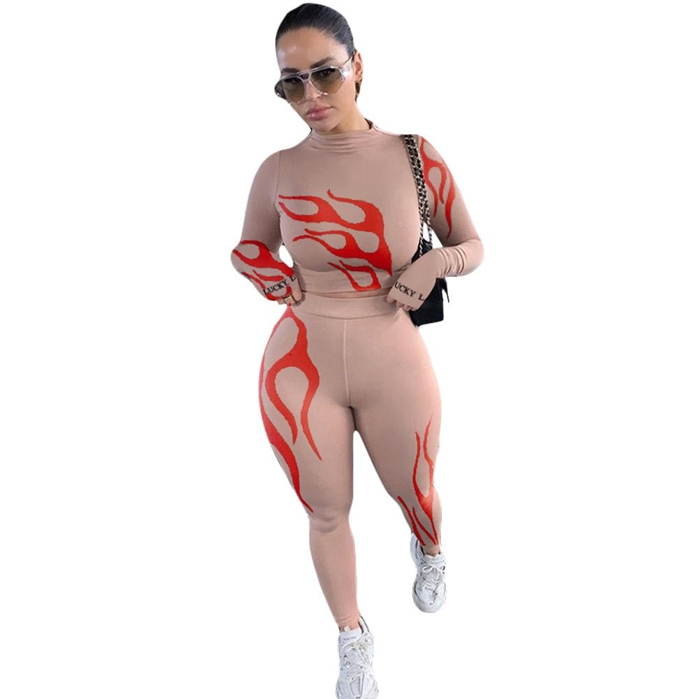 New Lucky Label 2 Piece Set Women Fire Print Crop Top Lenggins Skinny Outfits Tracksuit Matching Set Girl Wholesale Dropshpping