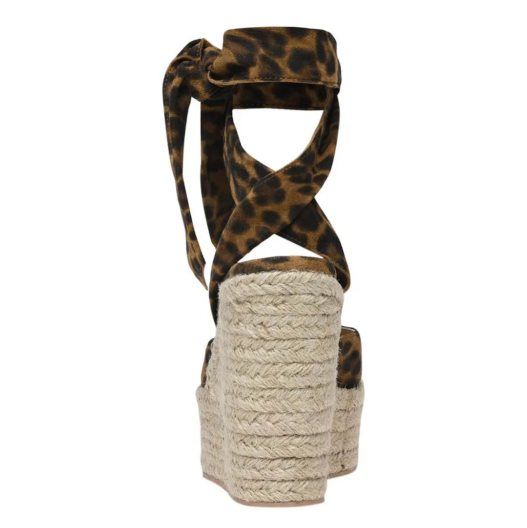 Leopard Print Round Toe Ankle Strap Platform Espadrille Sandals
