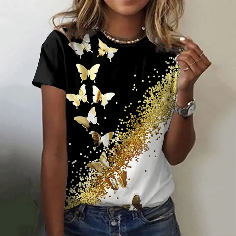 Casual Patchwork Butterfly Print Short Sleeve T-Shirt