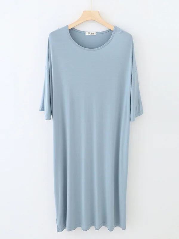 Solid Color Split-Joint High Waisted Loose Round-Neck Pajama Dress