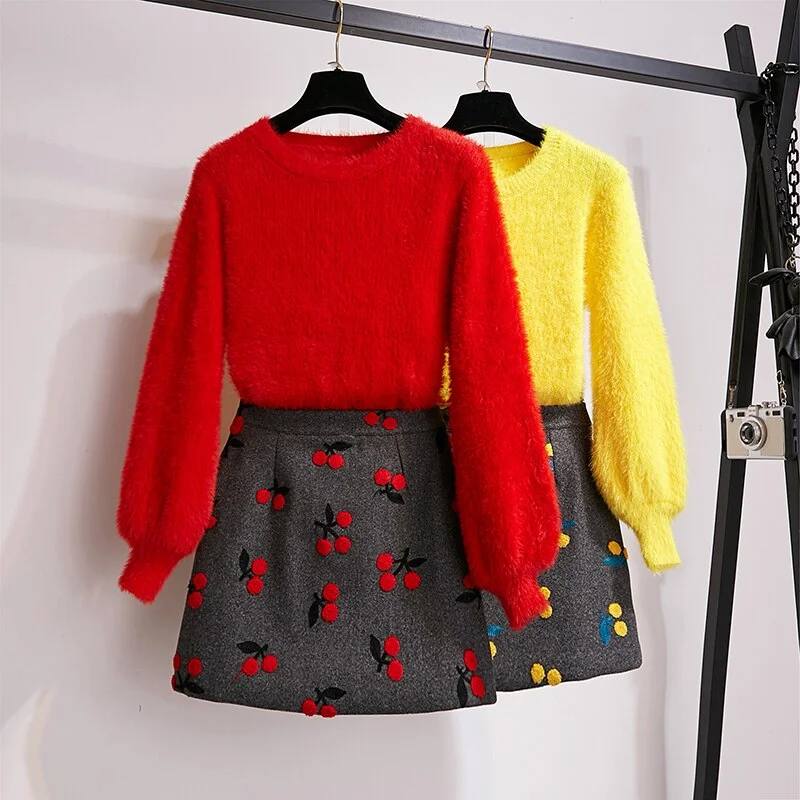 Yellow/White/Red Mohair Lantern Sleeve Pullover And Woolen Cherry Mini Skirt Set BE464