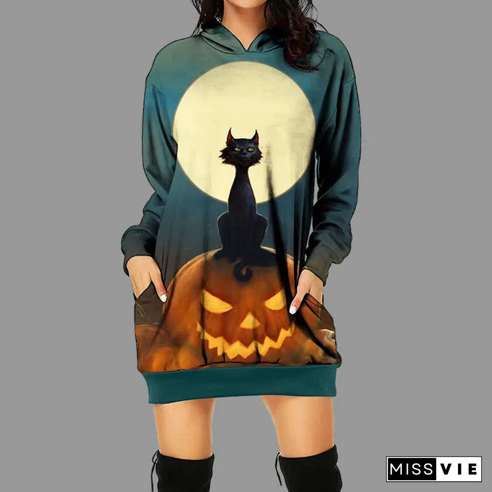 Halloween Pumpkin Black Cat 3D Print Long Sleeve Pocketed Hoodie