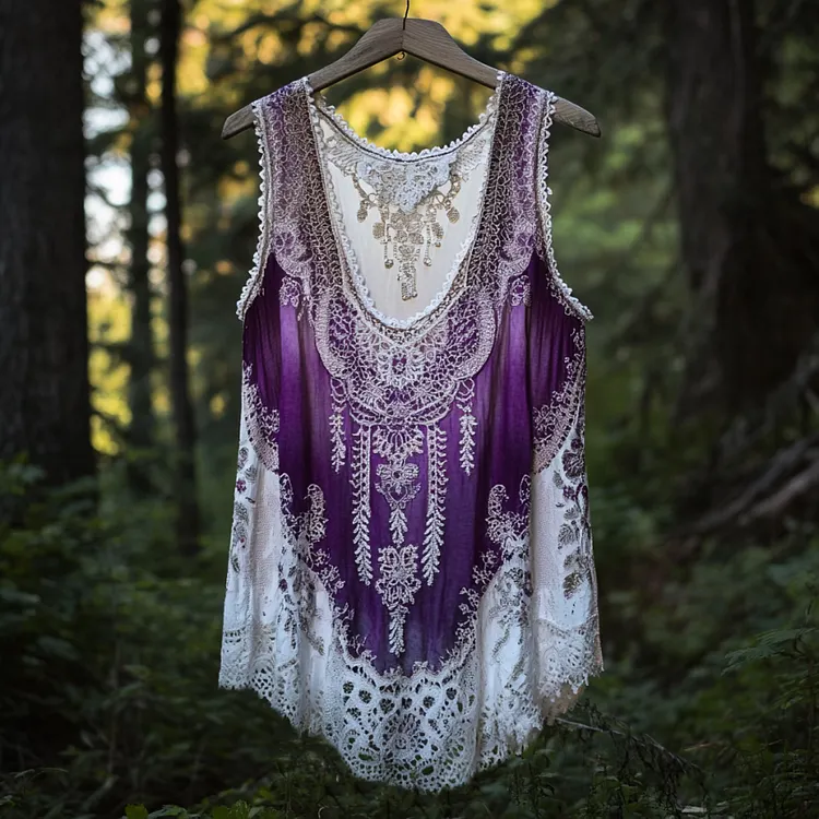 Lunivibe Boho Lavender Gradient Lace Art Linen Sleeveless Tank Top