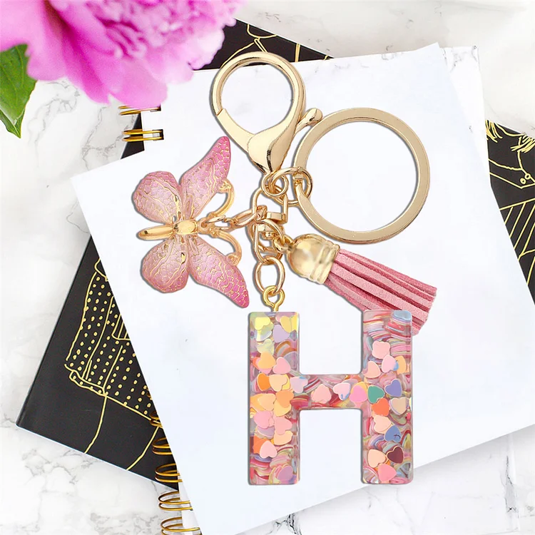 Key Ring Charm Letter A-Z Keychain Pink Tassel Butterfly Key Ring (H)